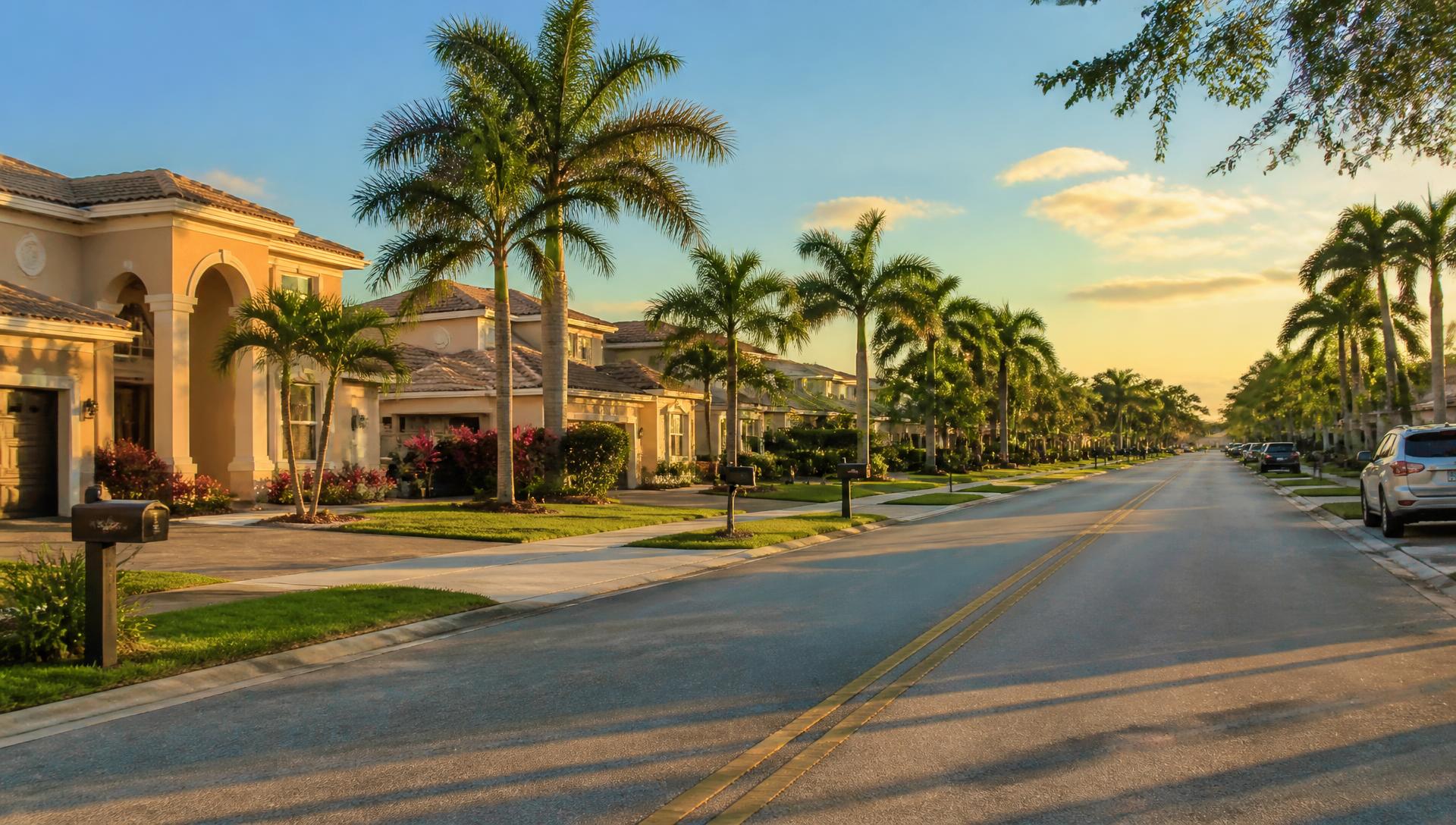 Vecindario residencial familiar en Florida con casas y palmeras al atardecer